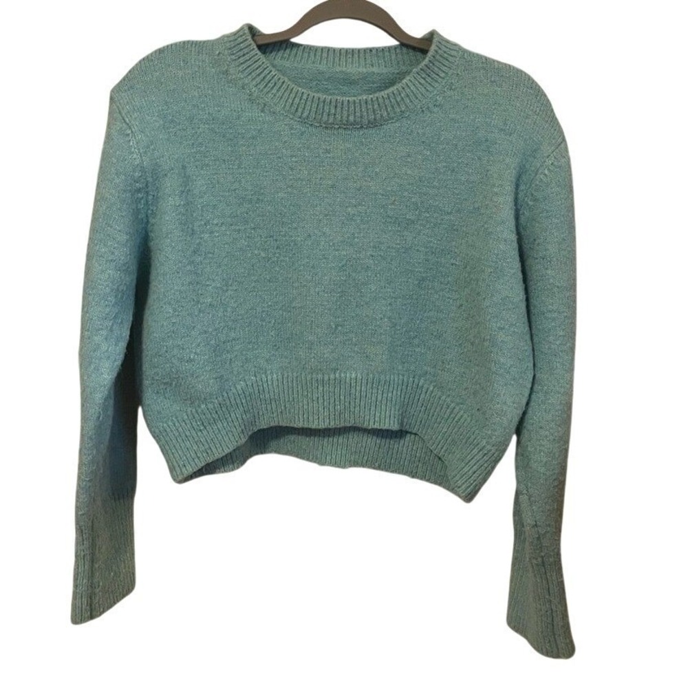 Mix Blue Knit Sweater Womens Large Cropped Y2K Cozy Crewneck Pullover